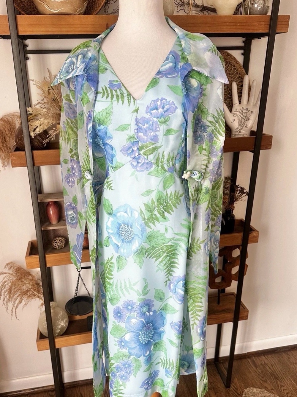 Vintage-Inspired Light Blue Floral Dress with Sheer Duster